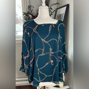 Sami & Jo Teal Chain Print Blouse Top XL